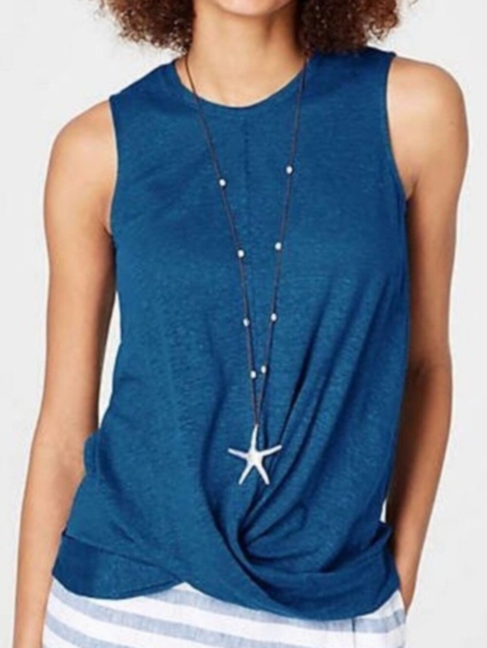 J.JILL LOVE LINEN Dark Blue Draped Twist Front Hem Sleeveless Tank Top Size XL - Picture 8 of 8